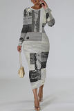 Green National Totem Print O Neck Long Sleeve Casual Bodycon Midi Dress