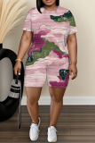 Blue Graphics Print O Neck Short Sleeve Oversize T Shirt And Shorts Set Casual Sportwear Plus Size Two Piece Matching Set