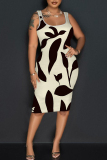 White Graphics Print U Neck Sleeveless Vacation Bodycon Midi Tank Dress
