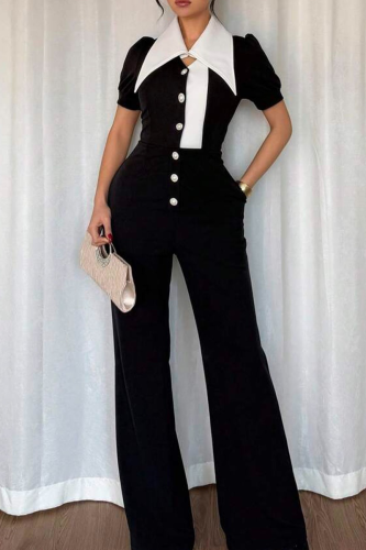 Black with White Patchwork Turndown Collar Short Sleeve Formal Wide Leg Jumpsuit