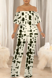 Mint Green Floral Print Off Shoulder Ruffle Sleeve Casual Outing Loose Straight Leg Jumpsuit
