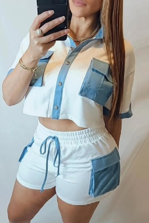 White with Denim Patchwork Turndown Collar Short Sleeve Shirt and Shorts Casual Outing Two Piece Short Set