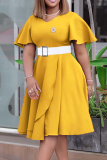 Blue O Neck Short Sleeve Belted Waist Pleated Wedding Guest Maxi Dress
