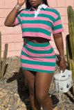 Black White Stripe Turndown Collar Short Sleeve Crop Shirt and Mini Skirt Casual Outing Two Piece Dress Set