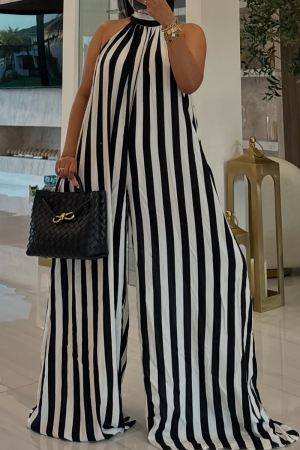 Black White Stripe Print O Neck with Adjustable Straps Sleeveless Loose Wide Leg Jumpsuit