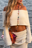 White Off Shoulder Long Sleeve Knit Crop Top and Maxi Skirt Two Piece Dress Set