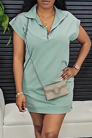Aqua Turndown Collar Short Sleeve Summer Outings Straight Shirt Mini Dress