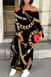 Black Chain print Off Shoulder Long Sleeve Casual Outing Straight Loose Maxi Dress