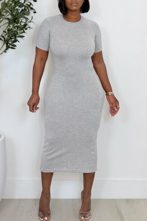 Grey O Neck Short Sleeve Back with Bow Tie High Slit Casual Outing T Shirt Maxi Dress
