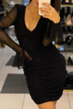 Black  Deep V Neck  Sheer Mesh Sleeve with Flared Cuffs Evening Event Ruceed Bodycon Mini Dress