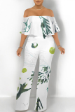 Mint Green Floral Print Off Shoulder Ruffle Sleeve Casual Outing Loose Straight Leg Jumpsuit