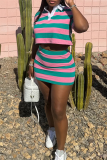 Black White Stripe Turndown Collar Short Sleeve Crop Shirt and Mini Skirt Casual Outing Two Piece Dress Set