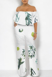 Mint Green Floral Print Off Shoulder Ruffle Sleeve Casual Outing Loose Straight Leg Jumpsuit