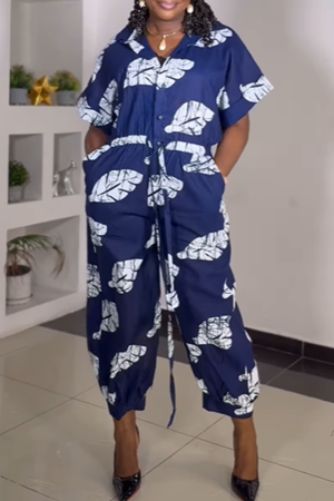 Blue Leaf Print Turndown Collar Short Sleeve Button-Up Front Casual Outings Harlan Jumsuit