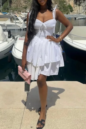 White Sleeveless Adjustable Straps with Front Tie Summer Outings Layered Ruffle Mini Dress