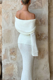White Off Shoulder Long Sleeve Knit Crop Top and Maxi Skirt Two Piece Dress Set
