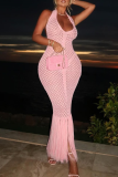 Pink Deep V Neck Sleeveless Fringed Hem Bodycon Beach Dress Swimwears Cover Up