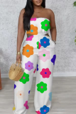 White Green Graphics Print Backless Strapless Pocket Casual Vacation Loose Wide Leg Tube Tops Jumpsuits