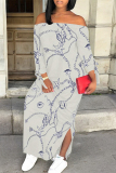 Black Chain print Off Shoulder Long Sleeve Casual Outing Straight Loose Maxi Dress
