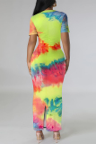 White Gradient Print O Neck Short Sleeve Casual Vacation Bodycon Maxi Dress
