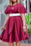 Blue O Neck Short Sleeve Belted Waist Pleated Wedding Guest Maxi Dress