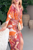 Multicolor Floral Print V Neck Long Sleeve Ruched Vacation Outings Maxi Dresses