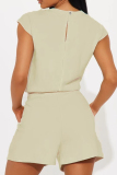 Beige O Neck Short Sleeve Crop T Shirt and High Waist Shorts Casual Sportswear Two Piece Short Set