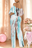 Mint Green Floral Print Off Shoulder Ruffle Sleeve Casual Outing Loose Straight Leg Jumpsuit