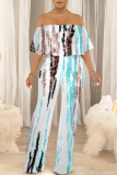 Mint Green Floral Print Off Shoulder Ruffle Sleeve Casual Outing Loose Straight Leg Jumpsuit