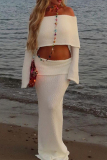 White Off Shoulder Long Sleeve Knit Crop Top and Maxi Skirt Two Piece Dress Set