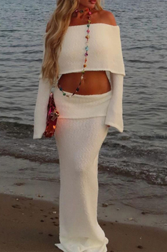 White Off Shoulder Long Sleeve Knit Crop Top and Maxi Skirt Two Piece Dress Set