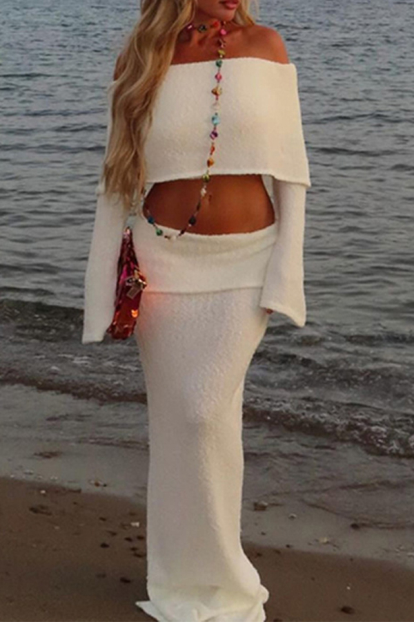 White Off Shoulder Long Sleeve Knit Crop Top and Maxi Skirt Two Piece Dress Set