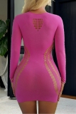 Rose Red O Neck Long Sleeve Cut-Out Sheer Lingerie