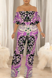 Mint Green Floral Print Off Shoulder Ruffle Sleeve Casual Outing Loose Straight Leg Jumpsuit