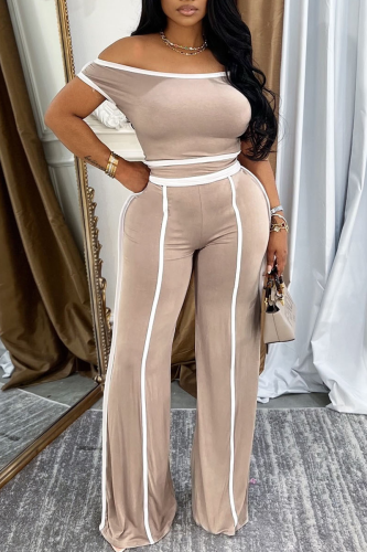 Black with White Trim One Shoulder Short Sleeve Crop Top and Wide Leg Pant Casual Outing Two Piece Trouser Set Black with White Trim One Shoulder Short Sleeve Crop Top and Wide Leg Pant Casual Outing Two Piece Trouser Set