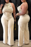 White Off Shoulder Sleeveless Backless Fringed Trim Halter Wide Leg Jumpsuit