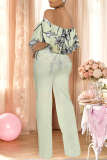 Mint Green Floral Print Off Shoulder Ruffle Sleeve Casual Outing Loose Straight Leg Jumpsuit