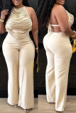 White Off Shoulder Sleeveless Backless Fringed Trim Halter Wide Leg Jumpsuit