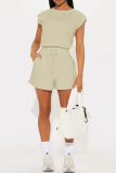 Beige O Neck Short Sleeve Crop T Shirt and High Waist Shorts Casual Sportswear Two Piece Short Set
