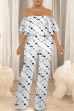 Mint Green Floral Print Off Shoulder Ruffle Sleeve Casual Outing Loose Straight Leg Jumpsuit