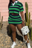 Black White Stripe Turndown Collar Short Sleeve Crop Shirt and Mini Skirt Casual Outing Two Piece Dress Set