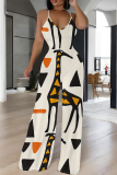 Blue White Graphic Print Sleeveless Spaghetti Strap Casual Outings Wide Leg Jumpsuit