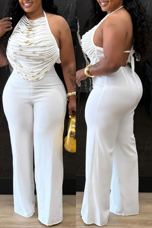 White Off Shoulder Sleeveless Backless Fringed Trim Halter Wide Leg Jumpsuit