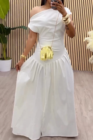 White Oblique Collar Off Shoulder Summer Parties Boot Cut Ruched Maxi Dress