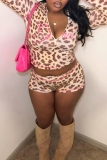 Leopard Print Deep V Neck Long Sleeve Hooded Crop Top and Shorts Night Out Two Piece Short Set
