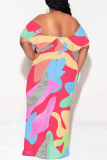 Blue Colorblock Off Shoulder Ruffled Sleeve Vacation Bodycon Maxi Dress
