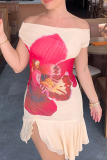 Light Yellow Floral Print Off-Shoulder Asymmetrical Hem Beach Outings Mini Dress