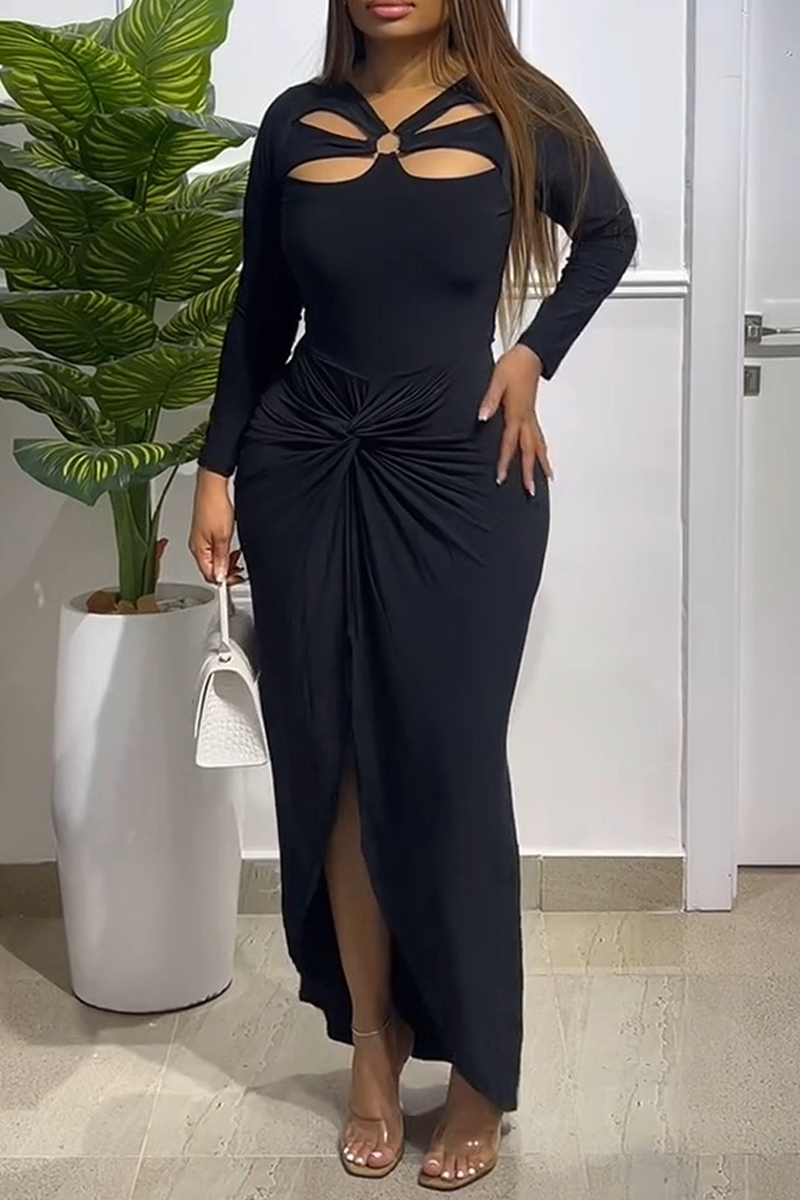 Black V-Neck Bodycon Maxi Dress with Cut-Out Design
