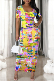 White Gradient Print O Neck Short Sleeve Casual Vacation Bodycon Maxi Dress