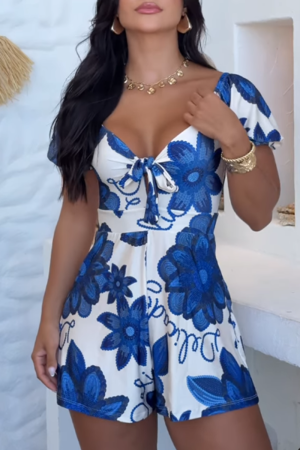 Blue Floral Print V Neck with Tie Short Sleeve Vacation Outings Romper